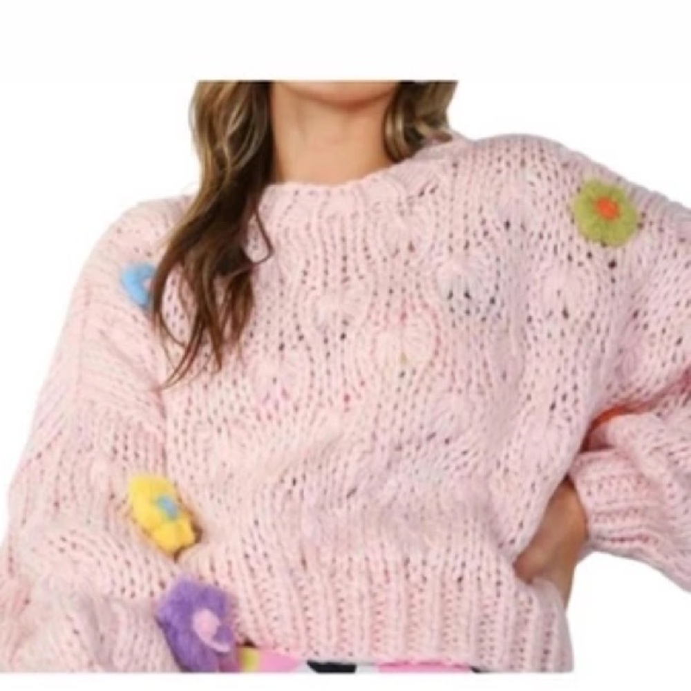 Beulahstyle Pink Chunky Crochet Sweater OS Oversized 3D Flower Knit Pullover - Picture 2 of 6